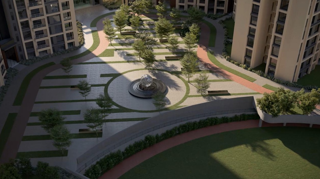 Landscaped central courtyard between the towers