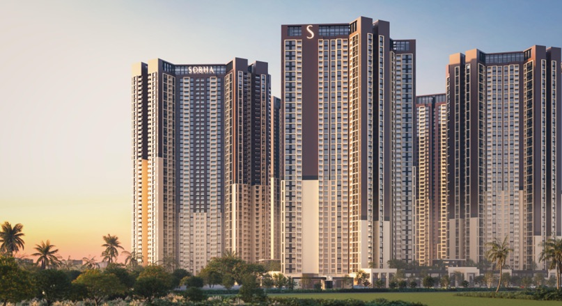 Tower elevations at dusk, Sobha Oneworld
