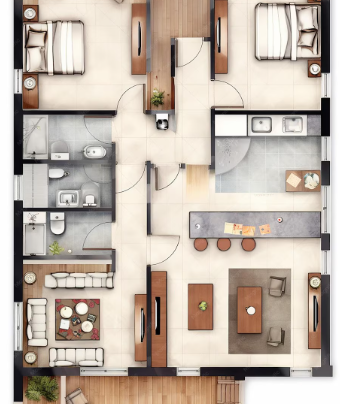 Representative furnished unit layout showing bedrooms, living, dining and kitchen