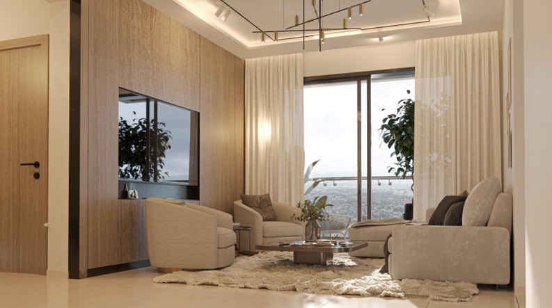 Living room interior with full-height glazing