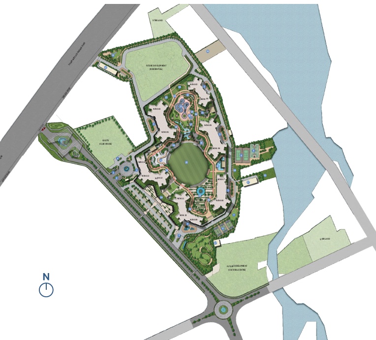 Master plan showing tower positions, the central green and site access