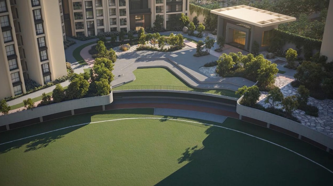 Landscaped podium overlooking the sports ground